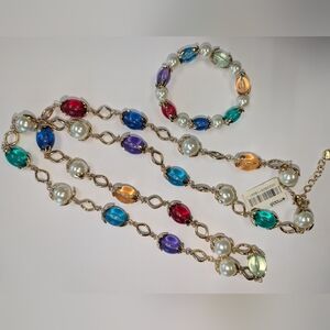 NIS VTG CHARTER CLUB GOLD TONE LUCITE BEADS LONG NECKLACE & BRACELET SET